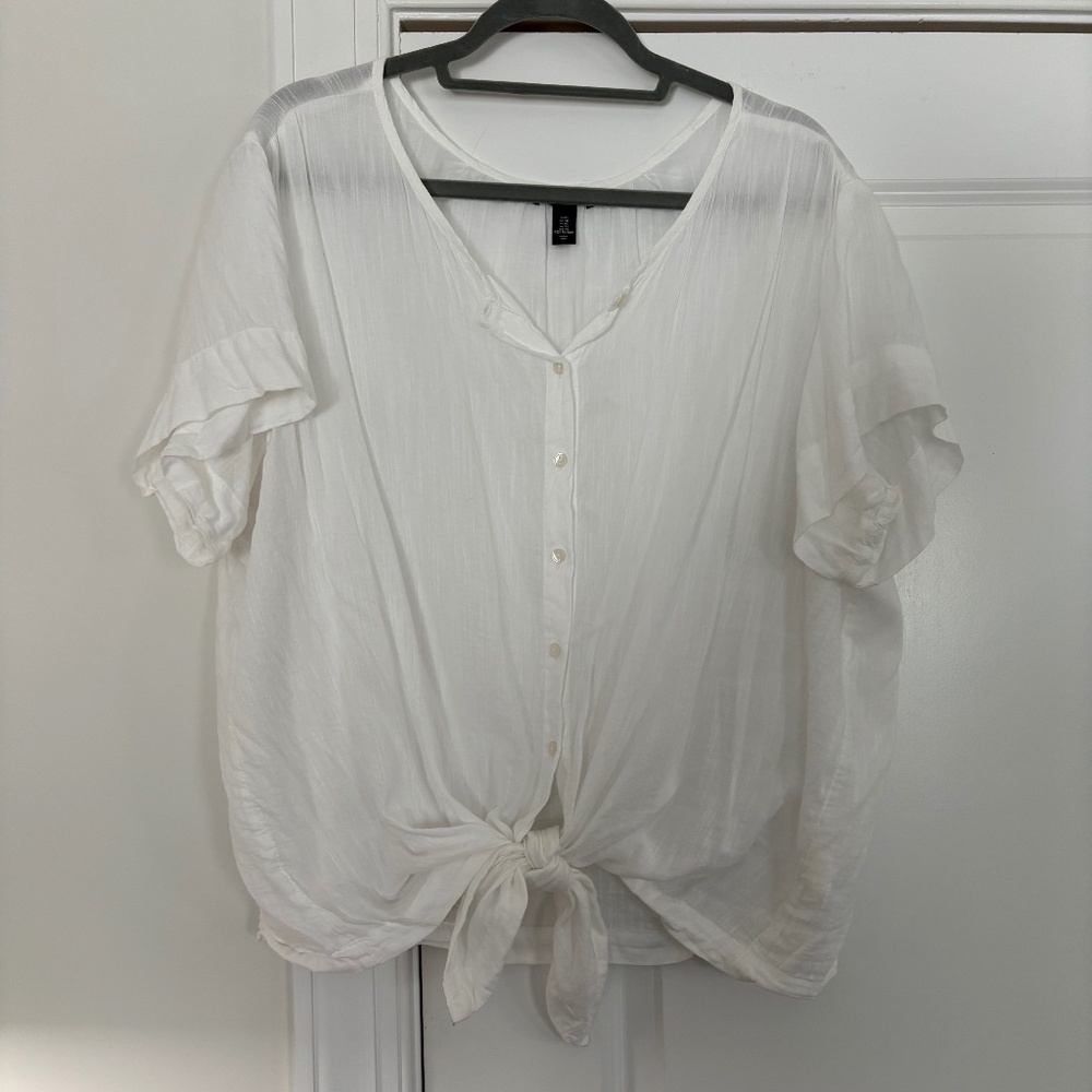 Gap White Button Down Short Sleeve Tie Front Blouse